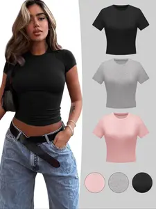 Women's Plain Round Neck Tee, Casual Short Sleeve Crew Neck T-Shirt for Summer, Summer Outfits 2024, Ladies Clothes for Daily Wear