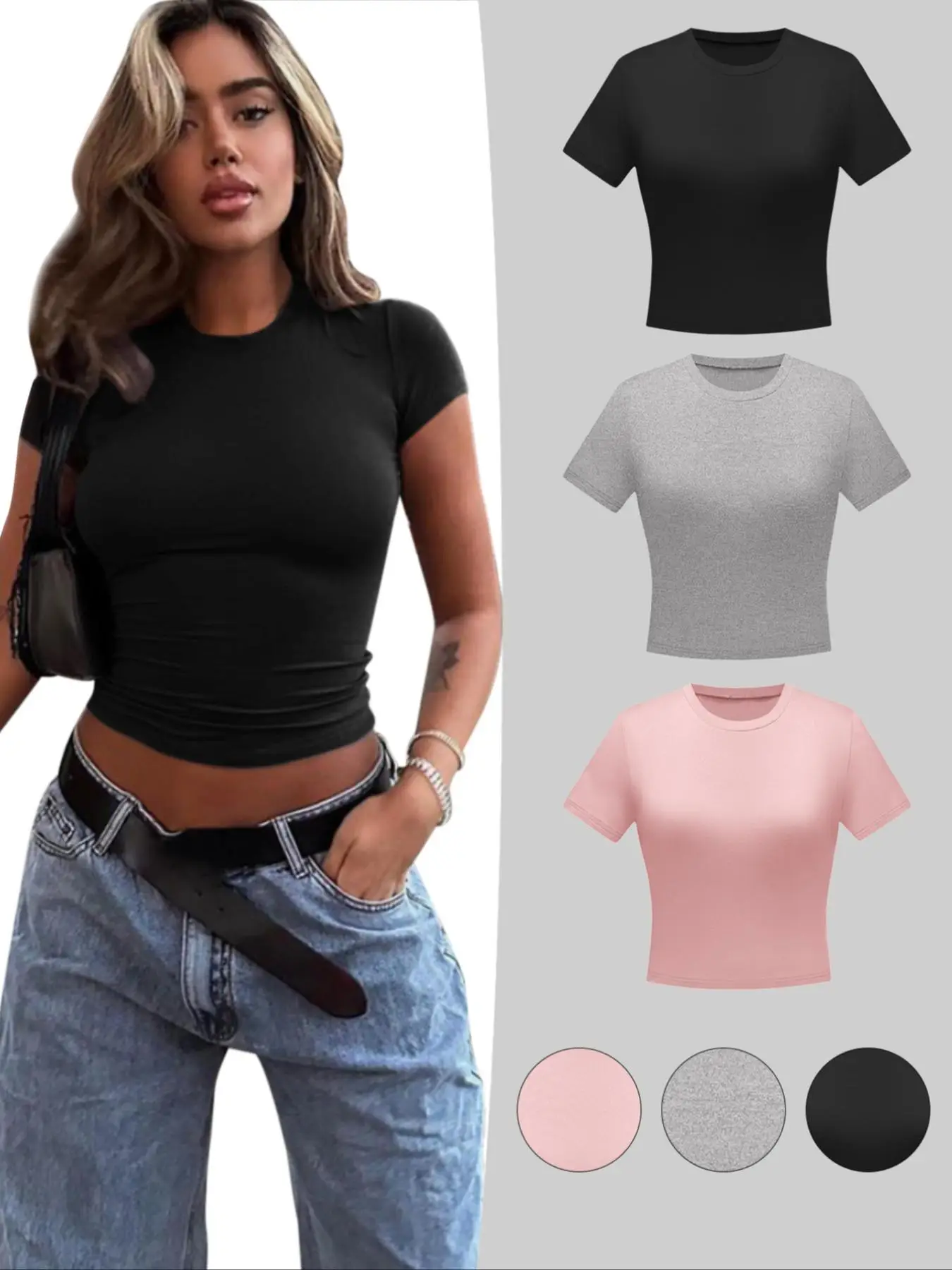 Women's Plain Round Neck Tee, Casual Short Sleeve Crew Neck T-Shirt for Summer, Summer Outfits 2024, Ladies Clothes for Daily Wear