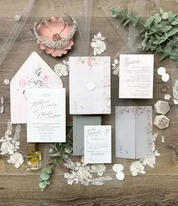 Pink Watercolor Floral Wedding Invitation Suite with Vellum Jacket & Envelope Liner for Romantic Celebrations