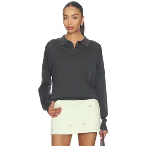 RENGGLI Silk Cashmere Boxy Long Sleeve Polo in Graphite