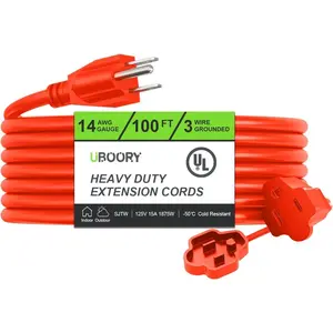 Extension Cord Waterproof 100 FT, Orange 14/3 SJTW Duty, Flexible 100% 3 Prong Extension Cord for Lawn,,UL Listed