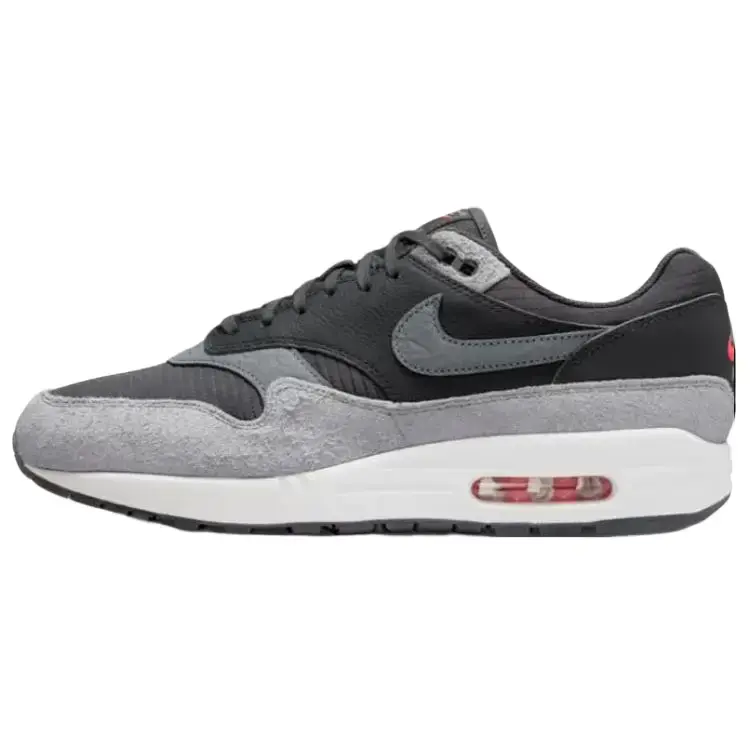 NIKE Men's Air Max 1 Premium Sneaker - 'Dark Smoke Grey Flash Crimson' Sports Footwear for Athletic Use