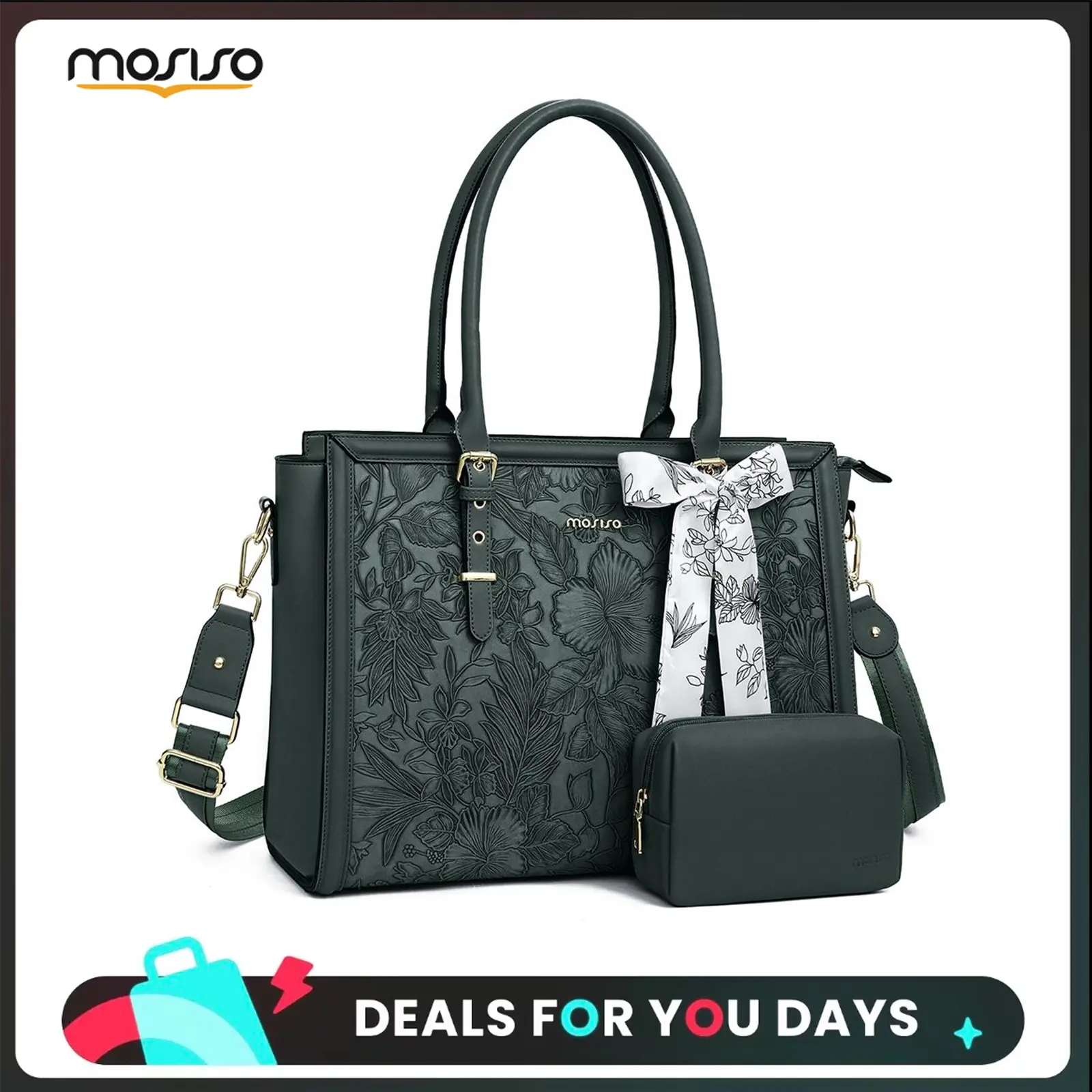 MOSISO 15.6-17.3 inch Laptop Tote Bag for Women, PU Leather Waterproof Work Bag with 3 Compartments, Padded Laptop Section, With Clutch Purse & Silk Scarf, Fits MacBook/Dell/HP, Ideal for Office/Business/Travel, Retro Hibiscus Pattern