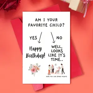 1Pc Funny Mom's Birthday Card - "Am I Your Favorite Child?" (Bingo Night Humor) | Daughter/Son Sibling Competition Card For Mom | Blank Inside, Includes Envelope