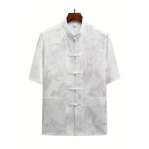 [Elegant Dragon Tang Suit] Lightweight Dragon Pattern Tang Suit Shirt - Men's Elegant Short Sleeve with Frog Buttons, Stand Collar - Ideal for Summer Traditional Chinese Outerwear