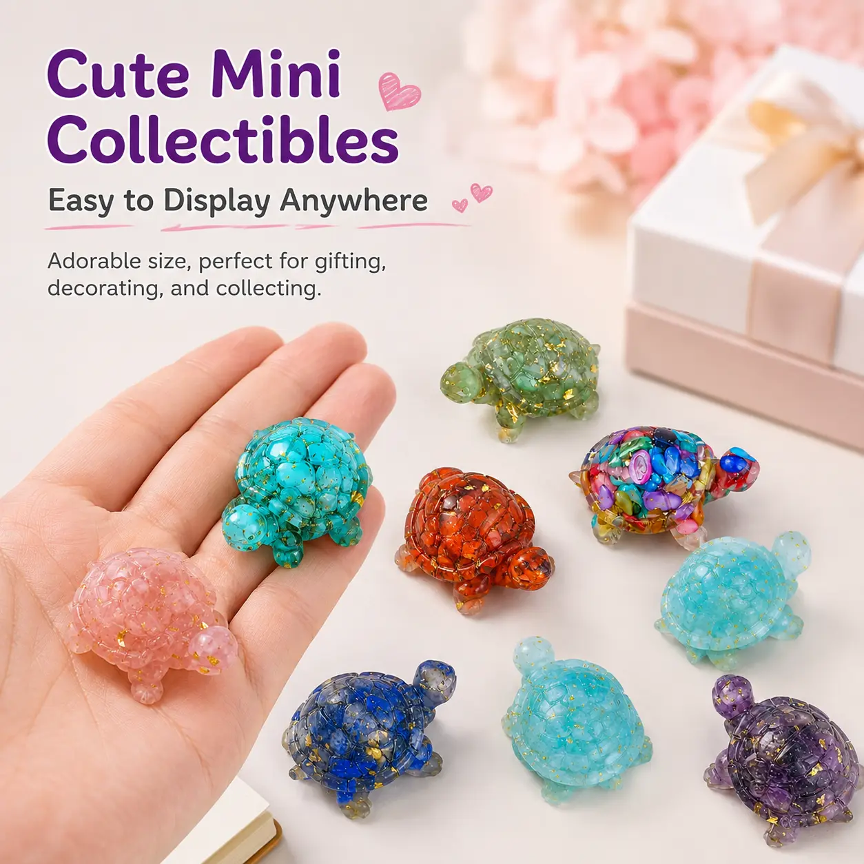 8 Pcs Turtle Figurine Set, Handmade Resin Animal Sculptures with Unique Stone Mix, Crystal Sea Turtle Decor for Home Office Meditation Space, Healing Statues Gift for Desk Shelf Fish Tank