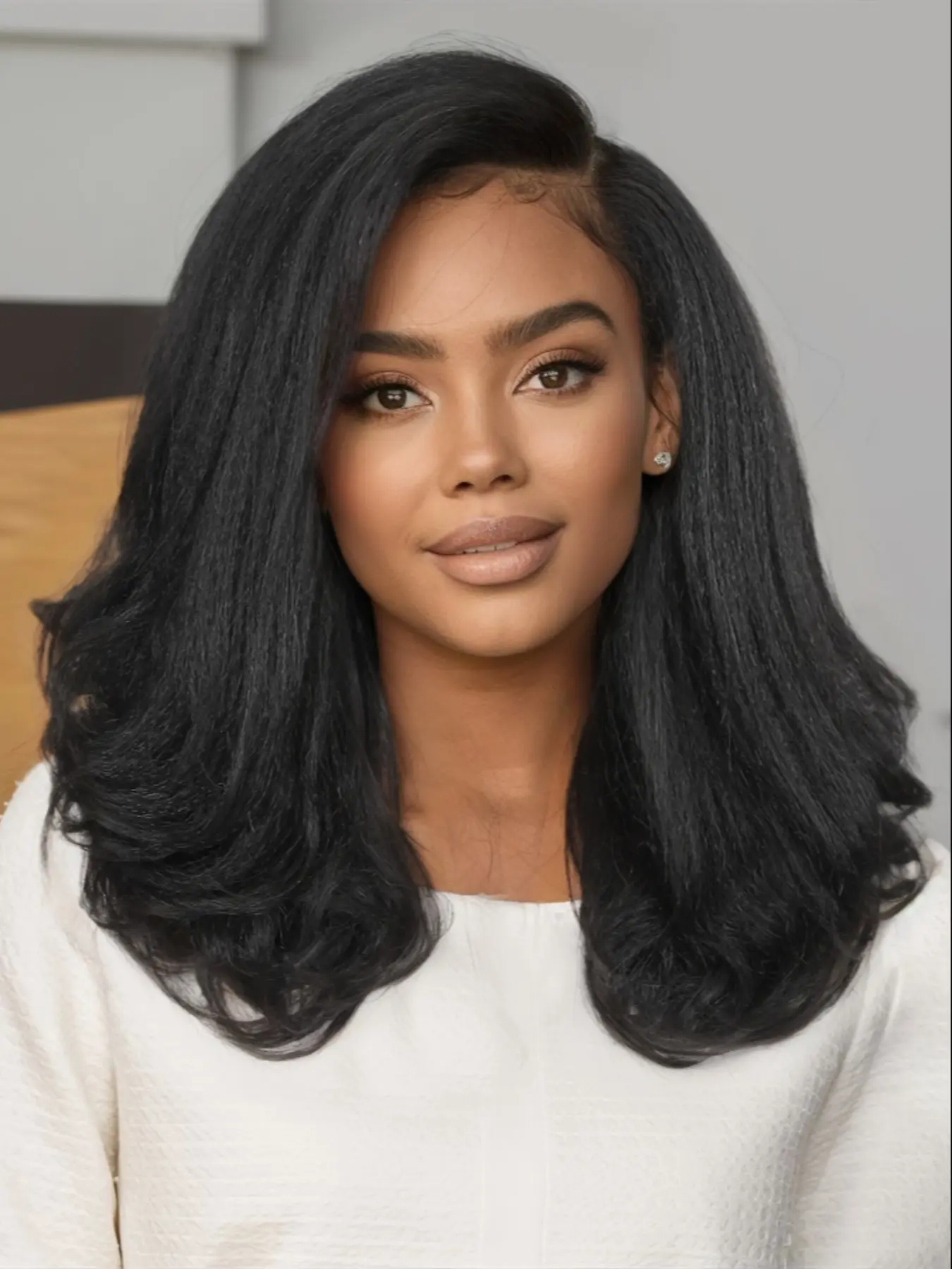 Yaki Kinky Straight Bob Wig, Side Part 4x1 Lace Part, Short End Curly Wavy Loose Wave, Glueless Synthetic Wig, Shoulder Length, Kinky Straight Wigs, Synthetic Material Wigs
