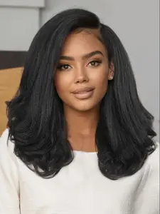 Yaki Kinky Straight Bob Wig, Side Part 4x1 Lace Part, Short End Curly Wavy Loose Wave, Glueless Synthetic Wig, Shoulder Length, Kinky Straight Wigs