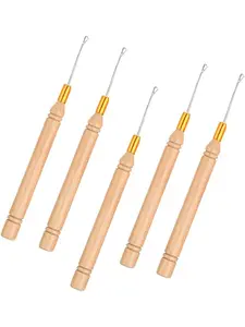 5-Piece Hair Styling Hooks Set, Wooden Handle Pull Hooks, Extension Specialized Hooks, Ideal for Extensions and Braids, Insert Type Hooks