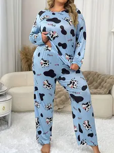 Women's Plus Size Cute Cartoon Cow Print Long Sleeve T-Shirt and Pants Sleepwear Pajama Loungewear Set, Comfortable Homewear, Casual Style