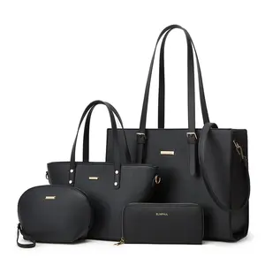 Women Fashion Synthetic Leather Handbags Tote Bag Shoulder Bag Top Handle Satchel Purse Set 4pcs