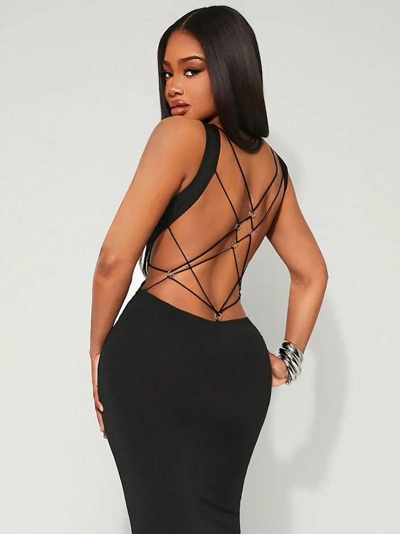 Black Knit Sleeveless Maxi Dress for Women, Round Neck Pencil Style with Crisscross Backv