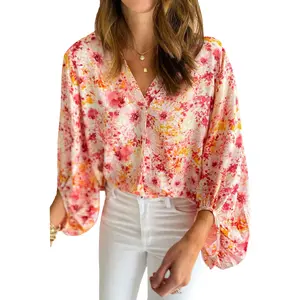 Mntaor Women's Decent Pink Ditsy Floral Bubble Sleeve V Neck Blouse Elegant Casual Comfort Long Sleeve Shirts Chic Tops Winteroutfit