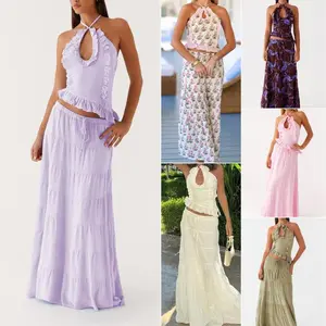 Women's 2 Piece Skirt Outfits, Halter Neck Ruffle Trim Tops Long Flowy Skirt Set, Ladies Skirt Outfits for Indoor Outdoor Wear, Ladies Clothes for Daily Wear, Casual Outfits