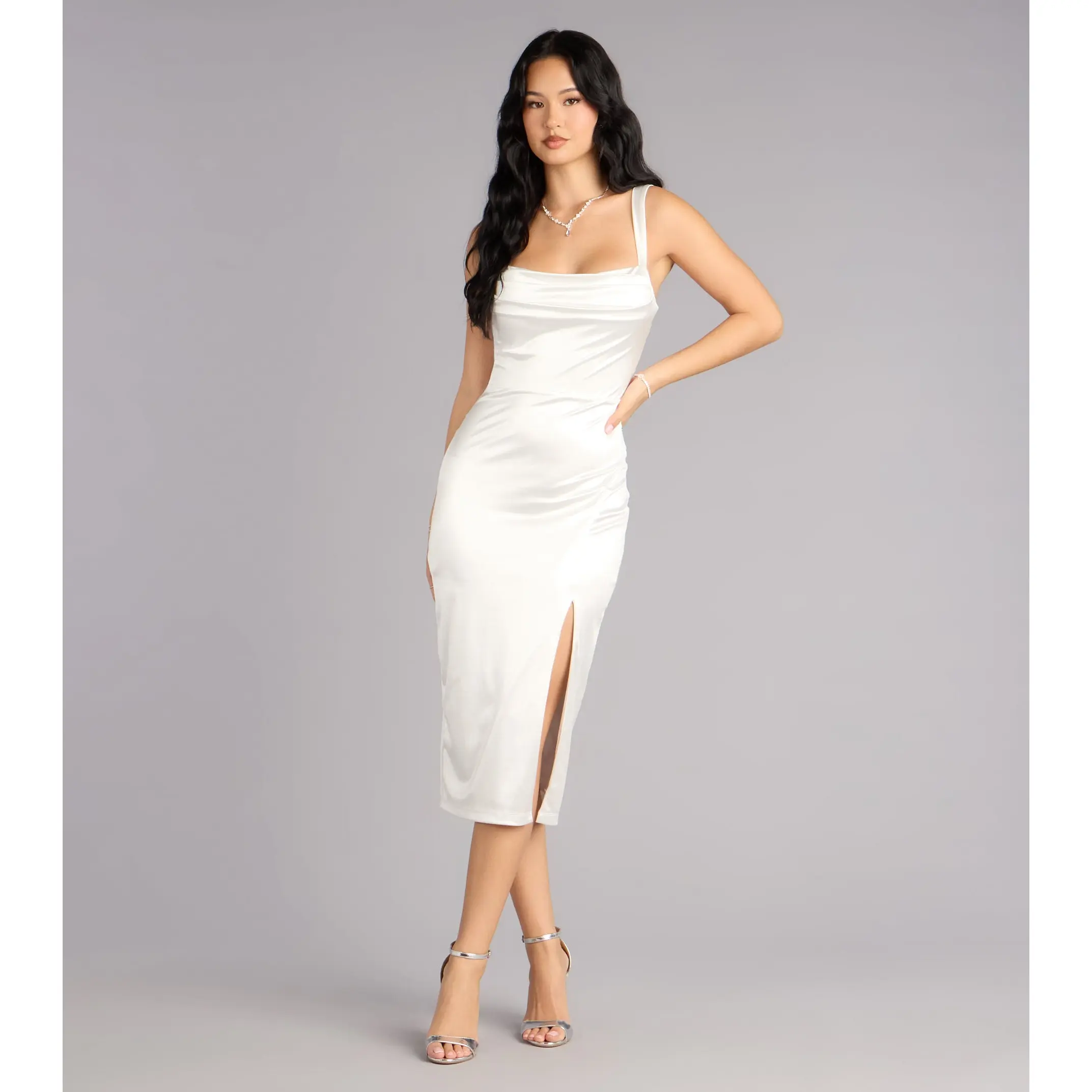 Laina High Slit Satin Midi Dress - TikTok Shop Laina High Slit Satin Midi Dress - TikTok Shop