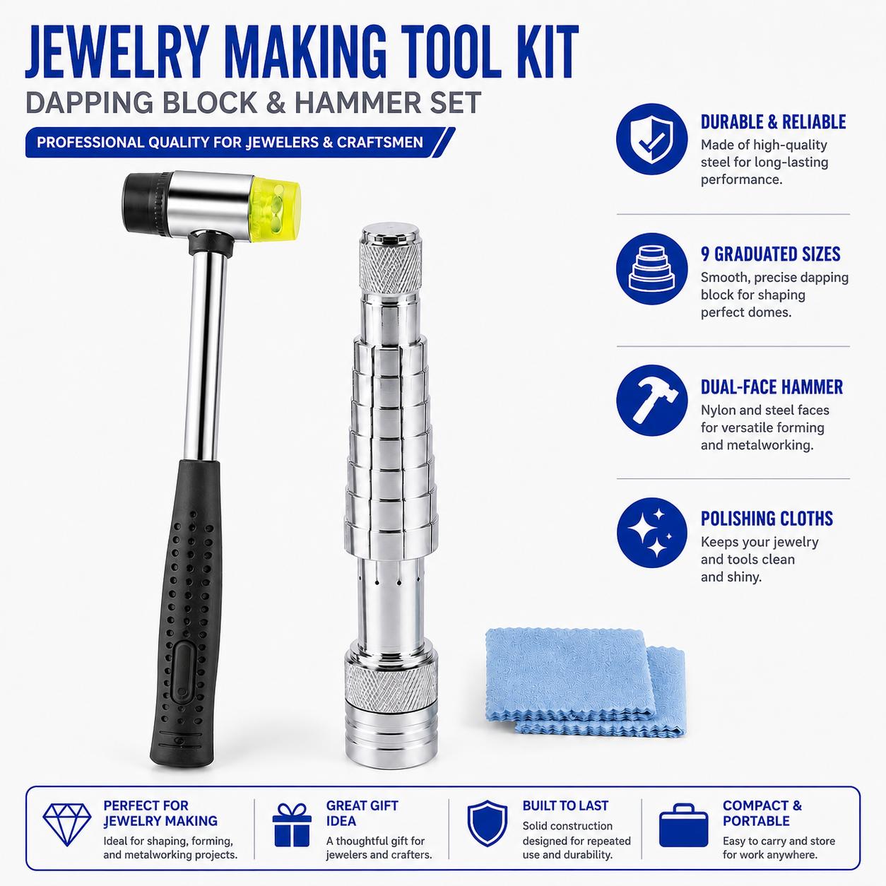 Ring Stretcher Tool Kit Ring Enlarger Mandrel with Dual-Head Nylon Hammer & Polishing Cloth for Jewelry Ring Resizing and Repair Ring Stretcher Tool Kit Ring Enlarger Mandrel with Dual-Head Nylon Hammer & Polishing Cloth for Jewelry Ring Resizing and Repair