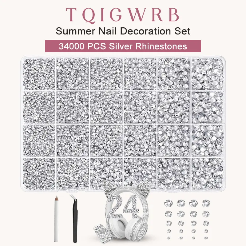 #Summervibes Silver Clear Flatback Gems for Bedazzling, 34000Pcs Resin Rhinestonesfor Diamond Art, Crystal Bedazzler Kit with Gifted Tools for Nail Art Crafting Clothing Book Makeup