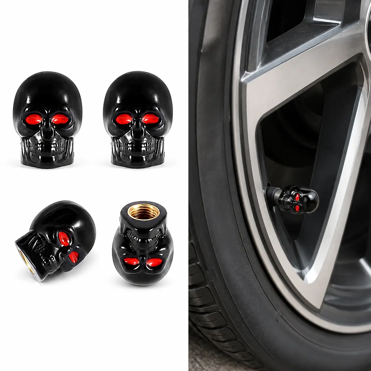 Funny Skull Shape Tire Pressure Caps - 4 Pack Universal Fit Corrosion-Proof Durable Accessories for 8V1 US Schrader Valves, Cars, Motorcycles