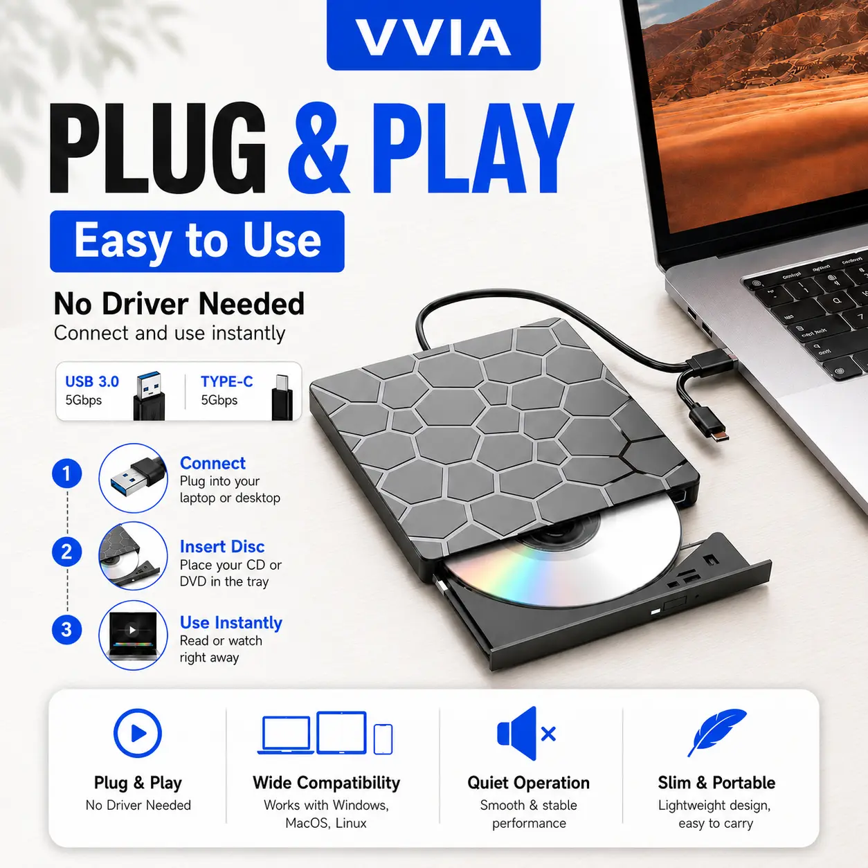8-in-1 External CD/DVD Drive for Laptops: Portable USB 3.0 & Type-C DVD Player and CD Burner. Ultra-slim optical drive (read/write) for PCs, MacBooks, and desktops; compatible with Windows 11/10/8/7, Linux, and macOS. An office essential.