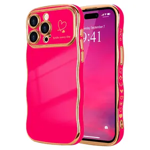 iPhone Case for Women Girls, Cute Wave Frame Curly Shape with Love Heart Raised Camera Protection Cover Luxury Plating Shockproof Phone Case for iPhone 16/15/14/13/12 Pro Max - Hot Pink