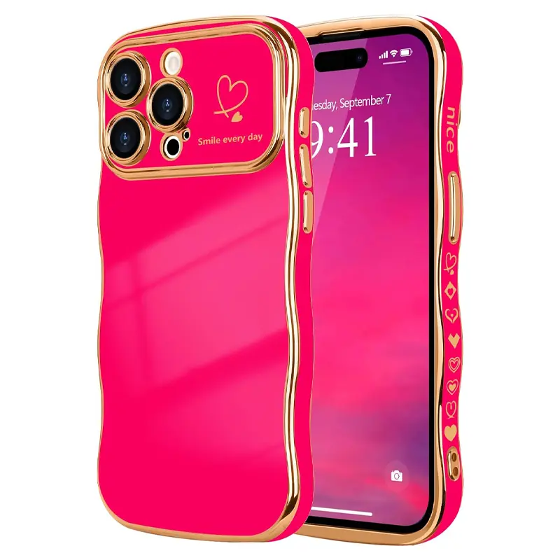 Women's Cute Wave Frame Curly Shape Love Heart Raised Camera Protection Luxury Plating Shockproof iPhone Case, Smartphone Cellphone Handheld Devices Accessories for iPhone 16/15/14/13/12 Pro Max - Hot Pink