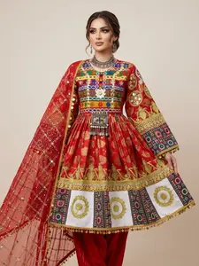 Afghan Dress for Women Traditional Handmade Embroidered Outfit with Dupatta – Ethnic Wedding Party Wear