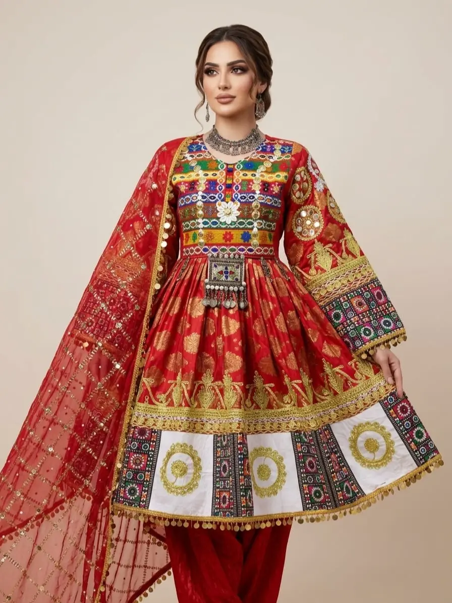 Women's 2-Piece Multicolor Embroidered Afghan Dress Suit - Traditional Handmade Modest Islamic Top, Sheer Matching Dupatta, Loose Fit, Elegant Cultural Details, Wedding Party Wear, Modest Fashion, Clothes, Embroidery