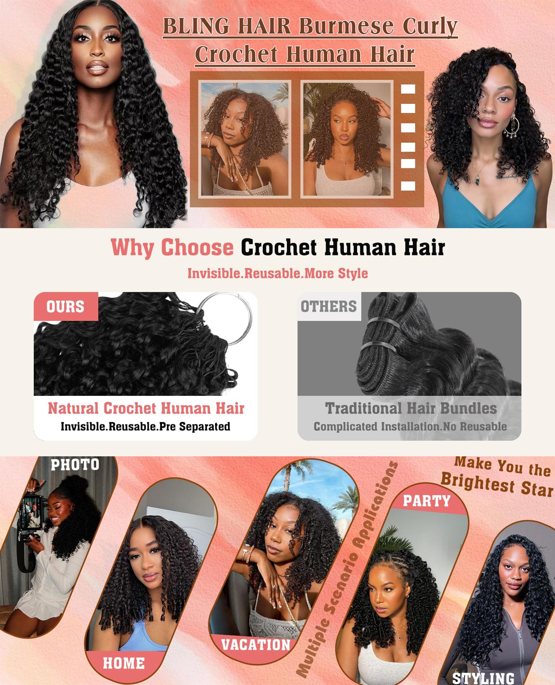 Bling Hair Raw Burmese Curly Human Hair Crochet 22 Inch Knotless Pre-Separated Crochet 3c4a Water Curly Hair Lightweight Reusable Virgin Hair Extensions for Women Natural Black Color