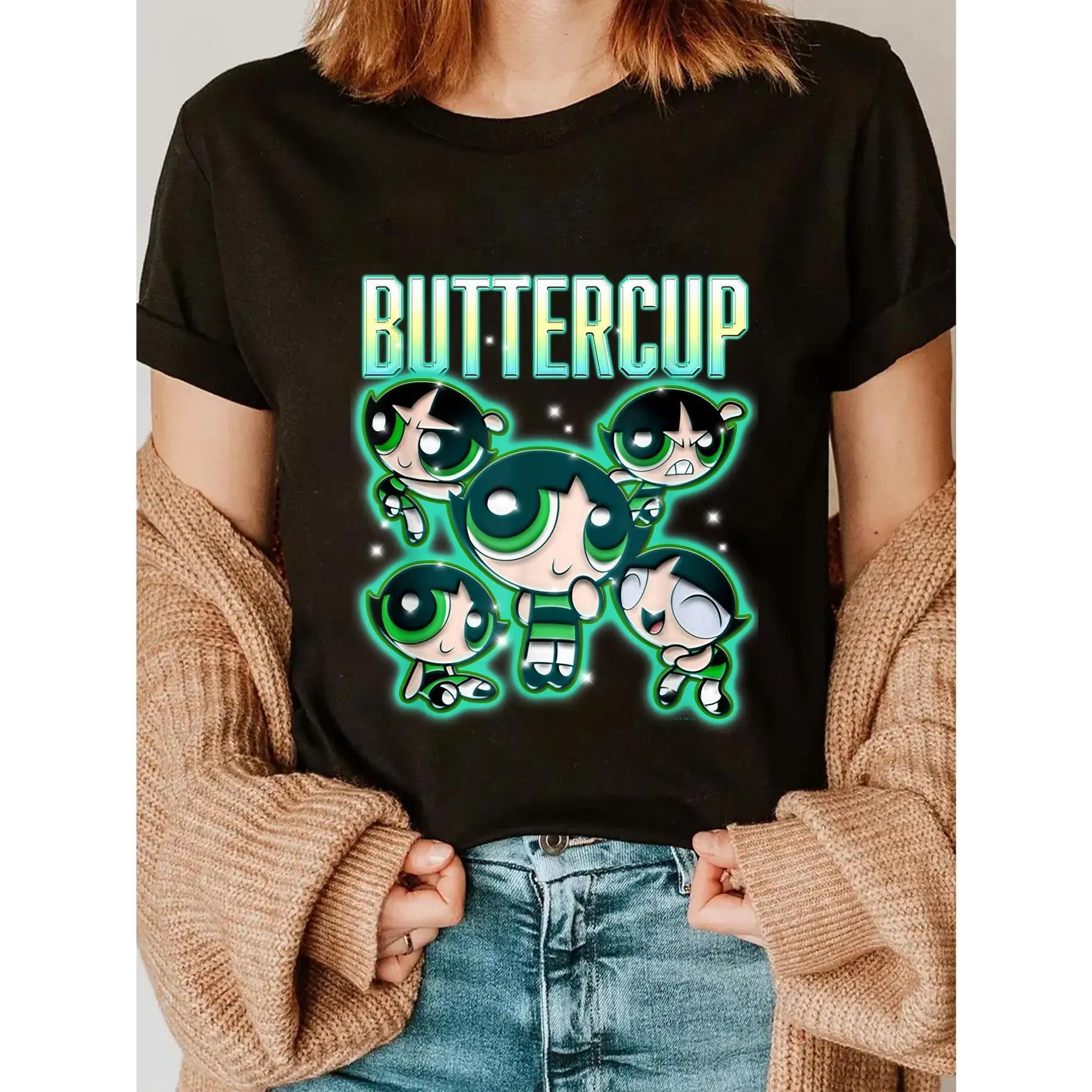 100% Cotton The Powerpuff Girls Buttercup Chrome Multi Pose T-Shirt Breathable Fabric
