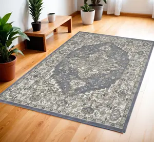 HomeRoots 545149 4x6 ft. Power-Loom Distressed Medallion Rectangle Blue Area Rug, Classic Blue & Ivory Area Rug, Blue Area Rugs, Classic Area Rugs