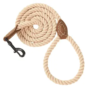 Braided Cotton Rope Dog Leash 6FT Heavy Duty Leather Tip & Metal Clasp Training Leash