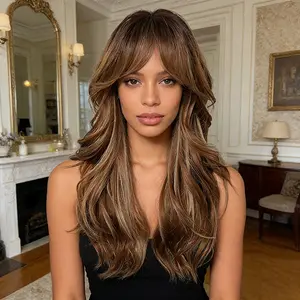 24 Inch Caramel Balayage Long Wavy  Hair Wig with Curtain Bangs  Layered  Hair Wig  Premium Quality for Daily Wear & Versatile Styling