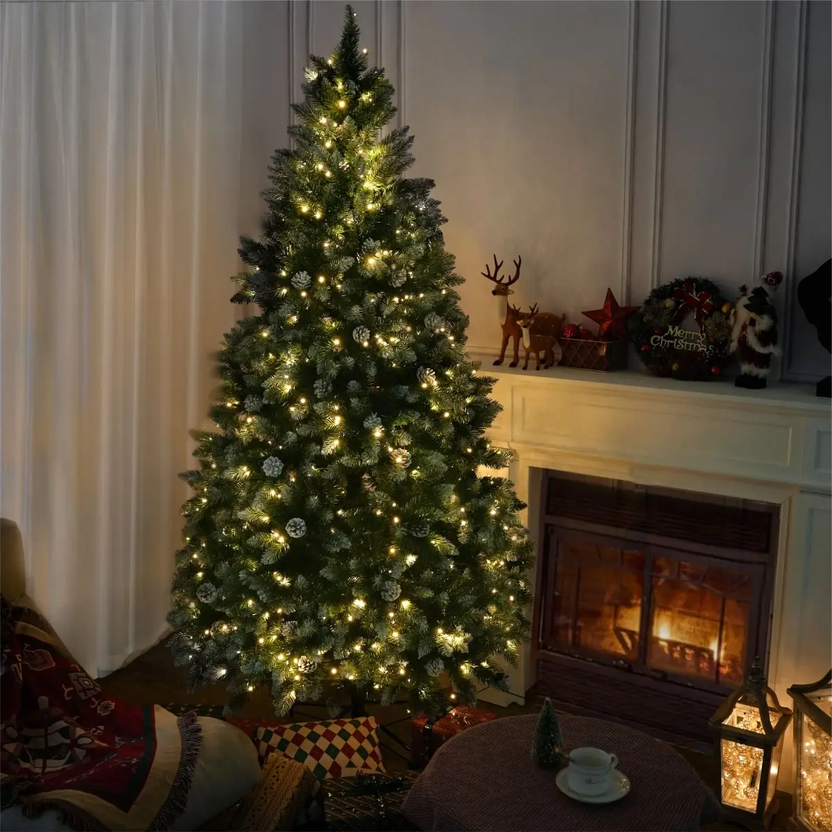 Direct Wicker PAT-001L-6FT-YJ 6FT Snow-Frosted Christmas Tree with Pine Cones and 400 Warm White LED Lights