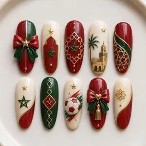 Heather Thorsen Moroccan Heritage Press On Nails | Red Green Flag Design, Gold Geometric Pattern, Bow Charm & Soccer Theme, Handmade Cultural Celebration Style