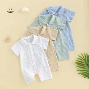 Soft Texture Casual Boy Summer Romper Striped Solid Color Button Down Short Sleeve Jumpsuit