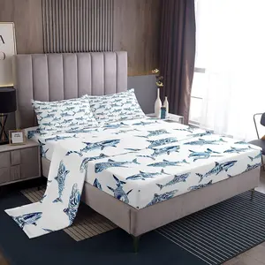 Shark Sheet Set Ocean Life Bed Sheets Set for Blue Watercolor Hand Drawn Cartoon Sharks Sheets Underwater Sea Wild Animals Fish Room Decor Marine Life Top Sheet