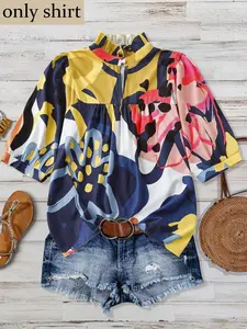 Plus Size Abstract Geometric Print Stand Collar Blouse Shirts, Collared Blouse, Half Open Lantern Sleeve, Loose Fit, Bohemian Boho Style, Summer Casual Top, Beach Vacation, Daily Wear, Lady Womenswear