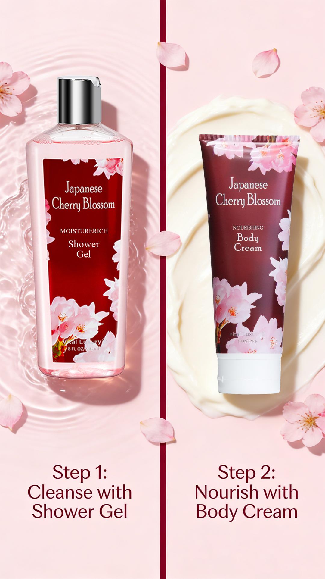Vital Luxury Cherry Blossom Scented Bath Travel Set | 3oz Body Lotion, 3oz Body Mist | Rich Lather, All-Day Freshness, Moisturizing & Revitalizing | Ideal Gift for Mom, Wife, Sister & Girlfriend! Moisturize
