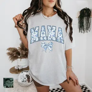 Blue or Pink Floral Mama Bow Lightweight Grey T-Shirt plus size and regular size