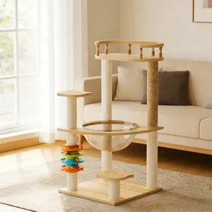 32.2" Modern Cat Tower, Wood Cat Tree Tower for Indoor Cats, Cat Treewith Sisal-Covered Scratching Posts and Top Perch, Cat Condo with Acrylic Hammock and Toys for Small Large Cats