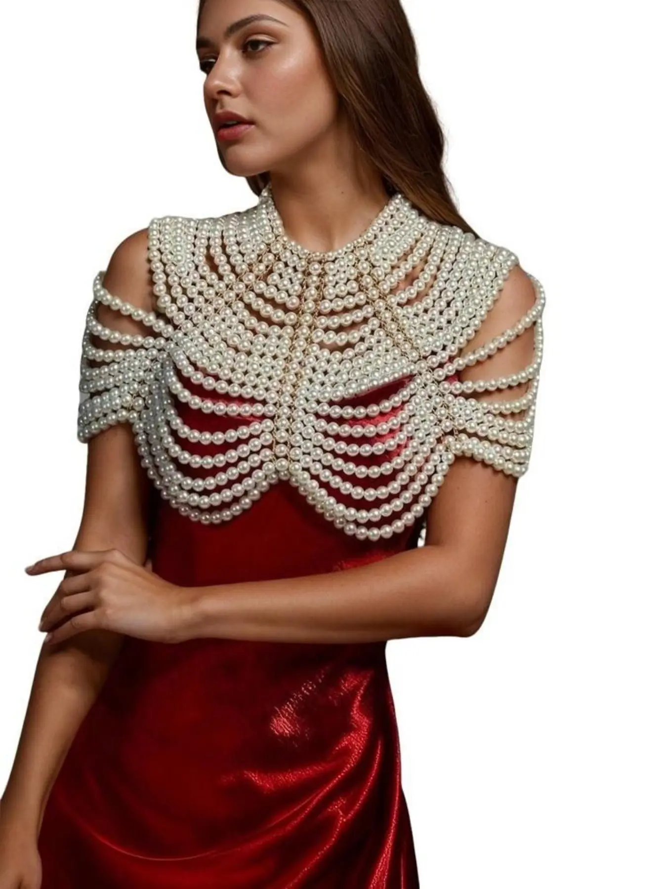 New European and American style handmade woven hollow-out pearl choker necklace, shawl chest chain, fan-shaped body jewelry chain, Handwoven, Airy construction