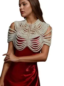 New European and American style handmade woven hollow-out pearl choker necklace, shawl chest chain, fan-shaped body jewelry chain, Handwoven, Airy construction
