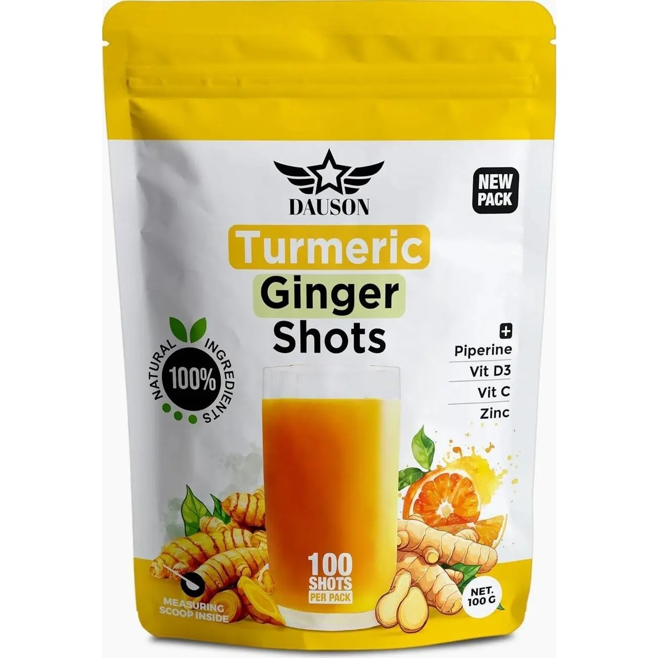 Turmeric Ginger Supplements with Piperine, Vitamin C, Vitamin D3 & Zinc | 100 Servings of Ginger Turmeric Shots for Joint, Heart, Brain, Gut & Skin Health | Ayurved | Powder