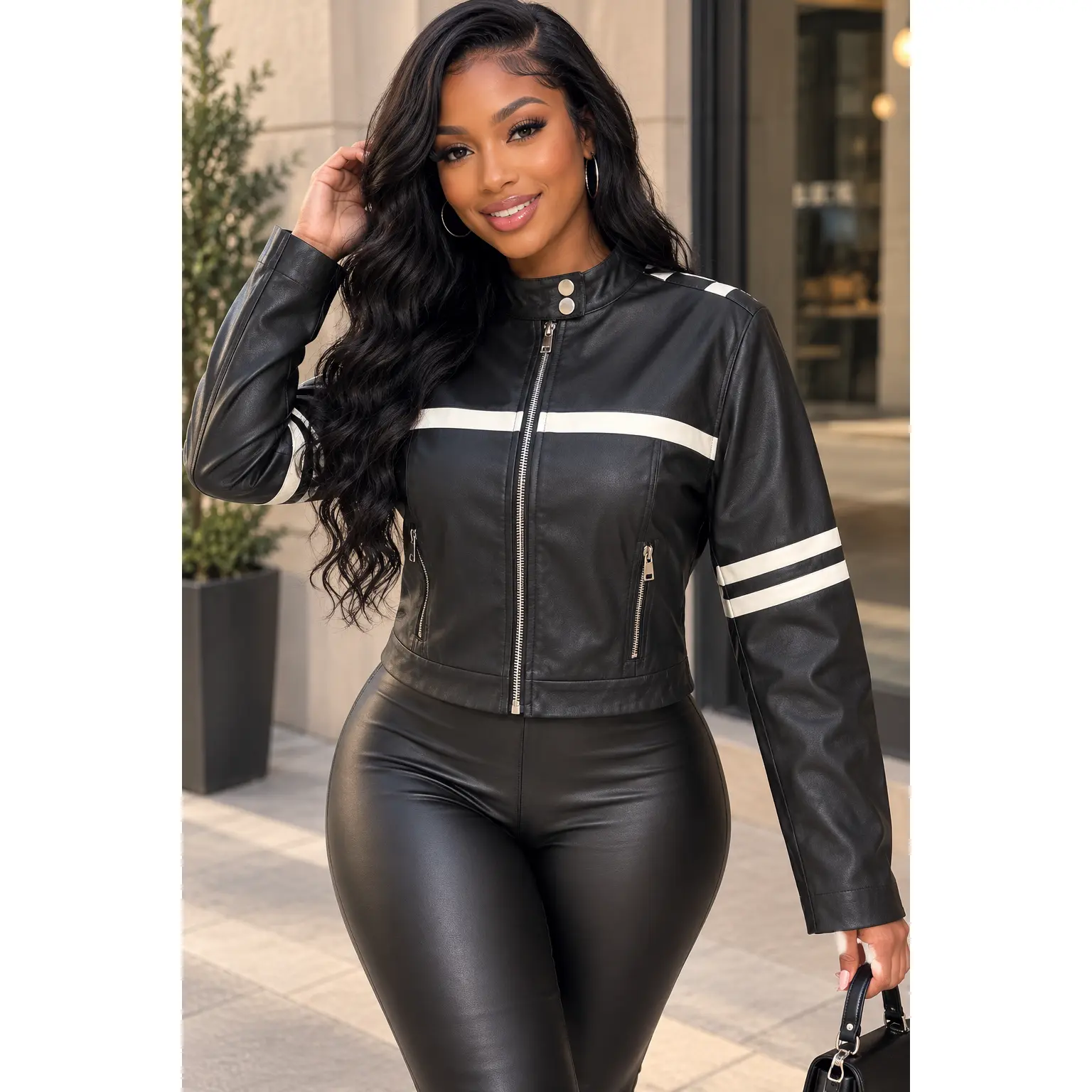 Faux Leather Bolt High Collar Racing Stripes Biker Jacket