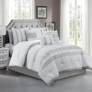 CHEZMOI COLLECTION Ariel 7-Piece Geometric Chenille Embroidery Comforter Set Scroll Design & Pleated Stripes for Cozy Bedroom Décor