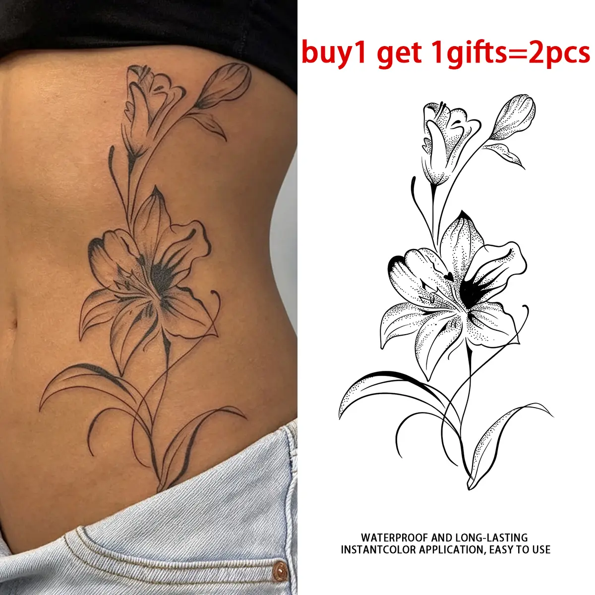 Black Stippling Lily Floral Temporary Tattoo Sticker - 2 Sheets Waterproof Realistic Fake Tattoos, Dot Work Sketch Line Style, for Women Waist Rib Side, All Skin Types Ideal for Swimming, Festival, Photoshoot