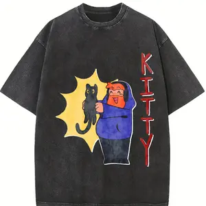 Caseoh KITTY Men's T-Shirt | Washed New Short-sleeved Crew Neck T-shirt, Multi-size Optional, Suitable for All Seasons, Trendy Korean Version of Casual Style