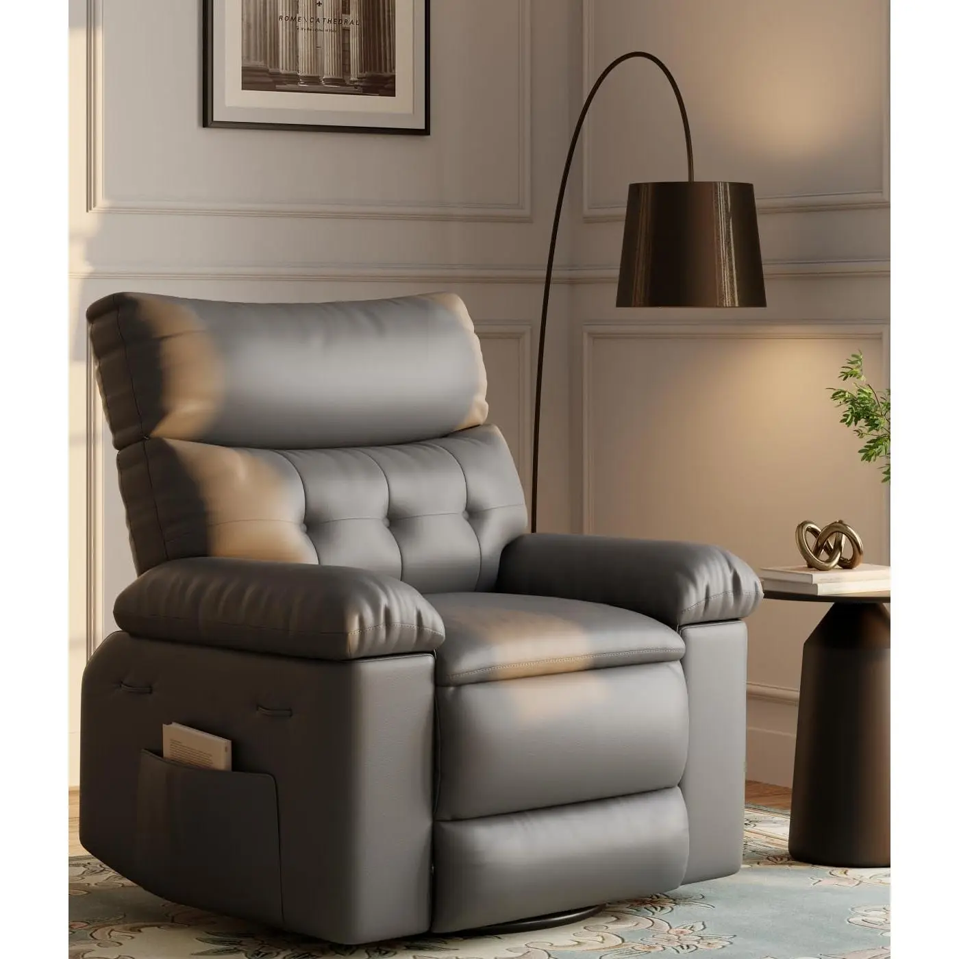 GARVEE Oversized Recliner Chairs with Massage and Heat - 360° Swivel Lazy Rocking Chair for Adults with Remote Control for Living Rooms, Bedrooms and Nurseries - Grey