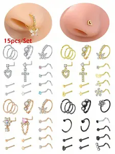 Heart & Butterfly & Cross Design Nose Ring, Rhinestone Decor Nose Piercing Jewelry for Women, Fashion Pierced Accessories for Party, Daily Clothing Decor, Nose Piercing Kit