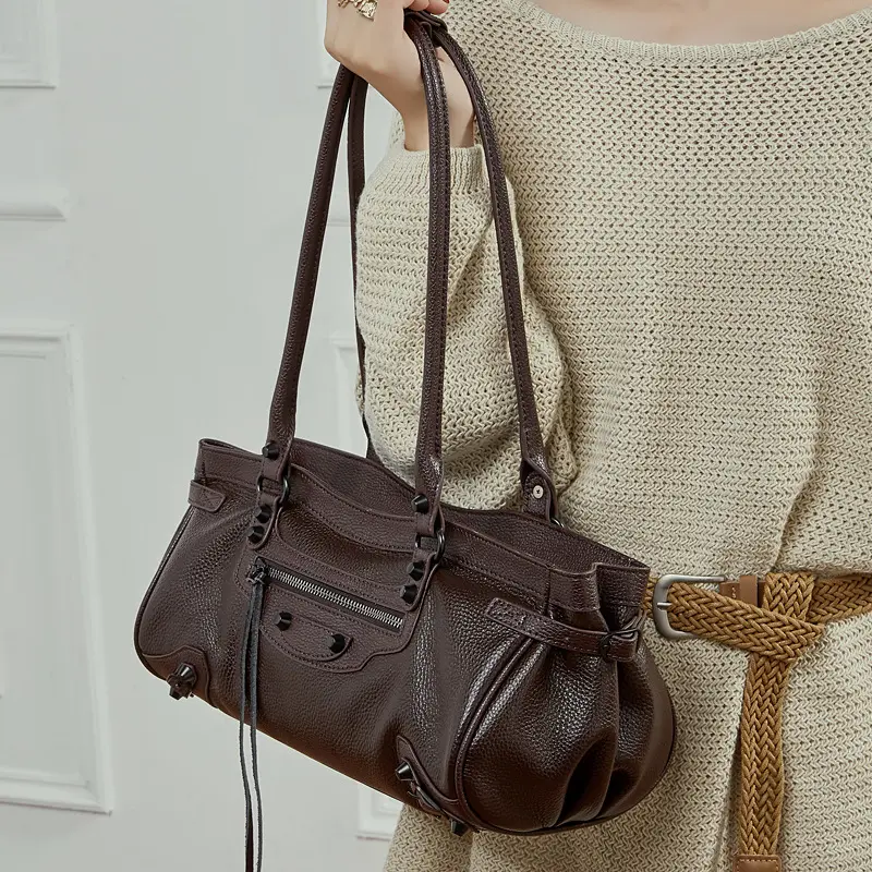 LUNÉ KVI Hot Girls Studded Motorcycle Bag Vintage Genuine Leather Underarm Bag Women's Fashion Unique Baguette Style Trendy Le City Horizontal Punk Shoulder Bag